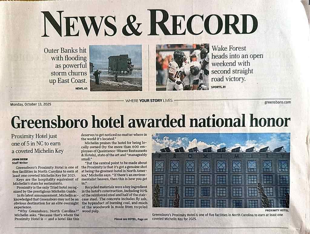 Proximity Hotel receives Michelin Key. Image of picture of News and Record cover article published Oct. 13, 2025.