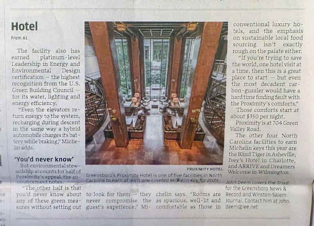 Proximity Hotel receives Michelin Key. Image of picture of News and Record cover article that was continued on another page - published Oct. 13, 2025.