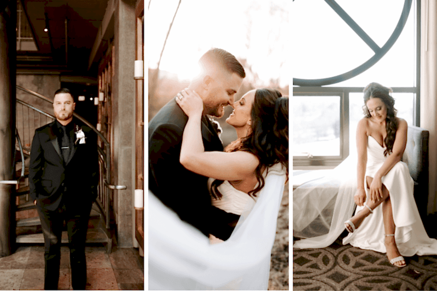 Collage of wedding moments: groom waiting, couple kissing, and bride preparing to walk down the aisle.