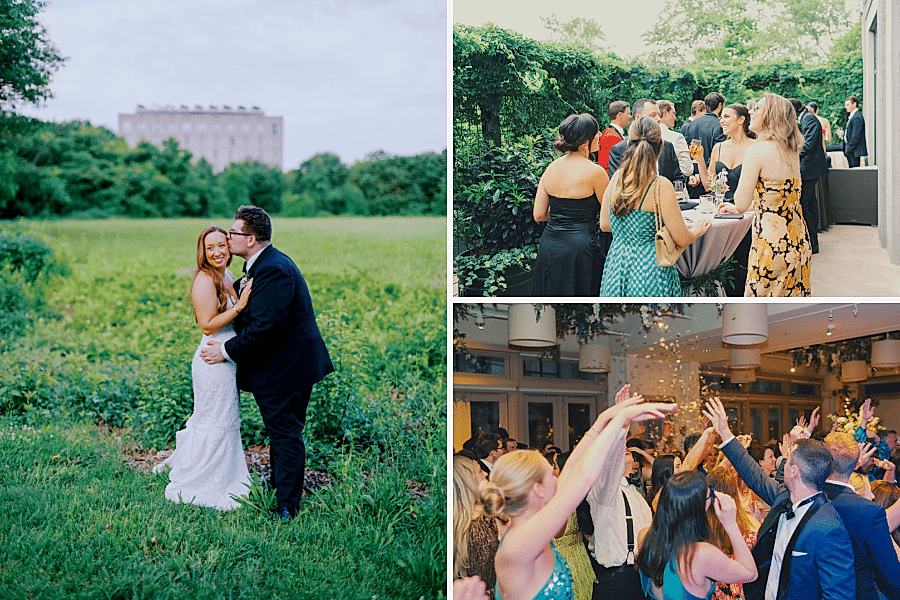 Wedding Celebration Collage | Left: the a Bride and Groom portrait in the meadow with Proximity Hotel in the background. Right Top: guests having cocktails outside on the Revolution Room patio. Right Bottom: the guests are dancing as the confetti cannon goes off.
