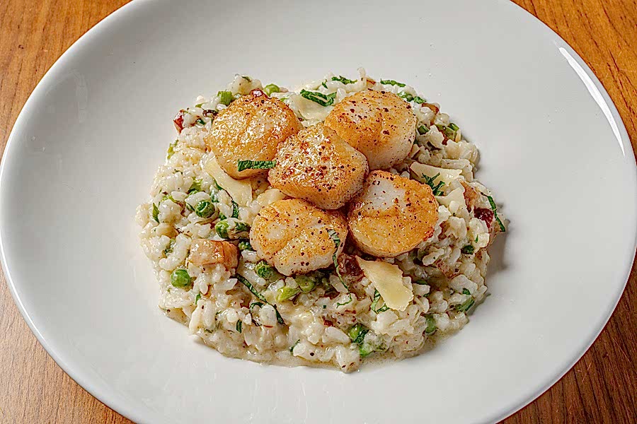 PAN SEARED SCALLOP RISOTTO, bacon lardons, peas, asparagus, mint, Prima Donna